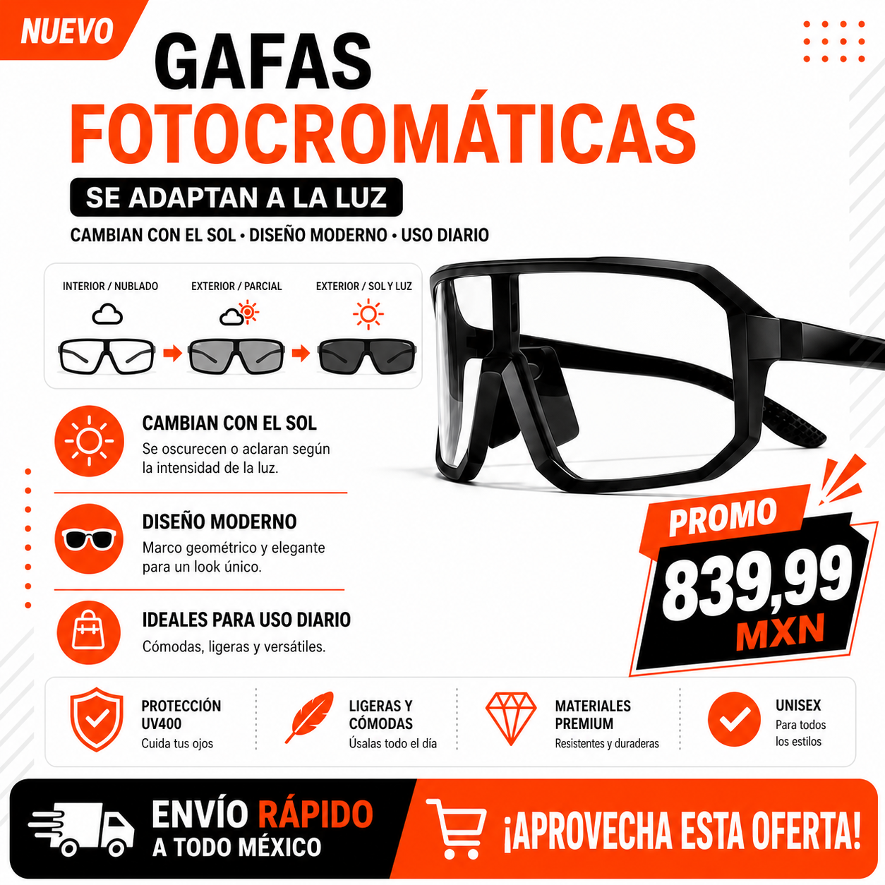 Gafas Fotocromáticas Unisex con Protección UV400 y Lentes que se Adaptan a la Luz
