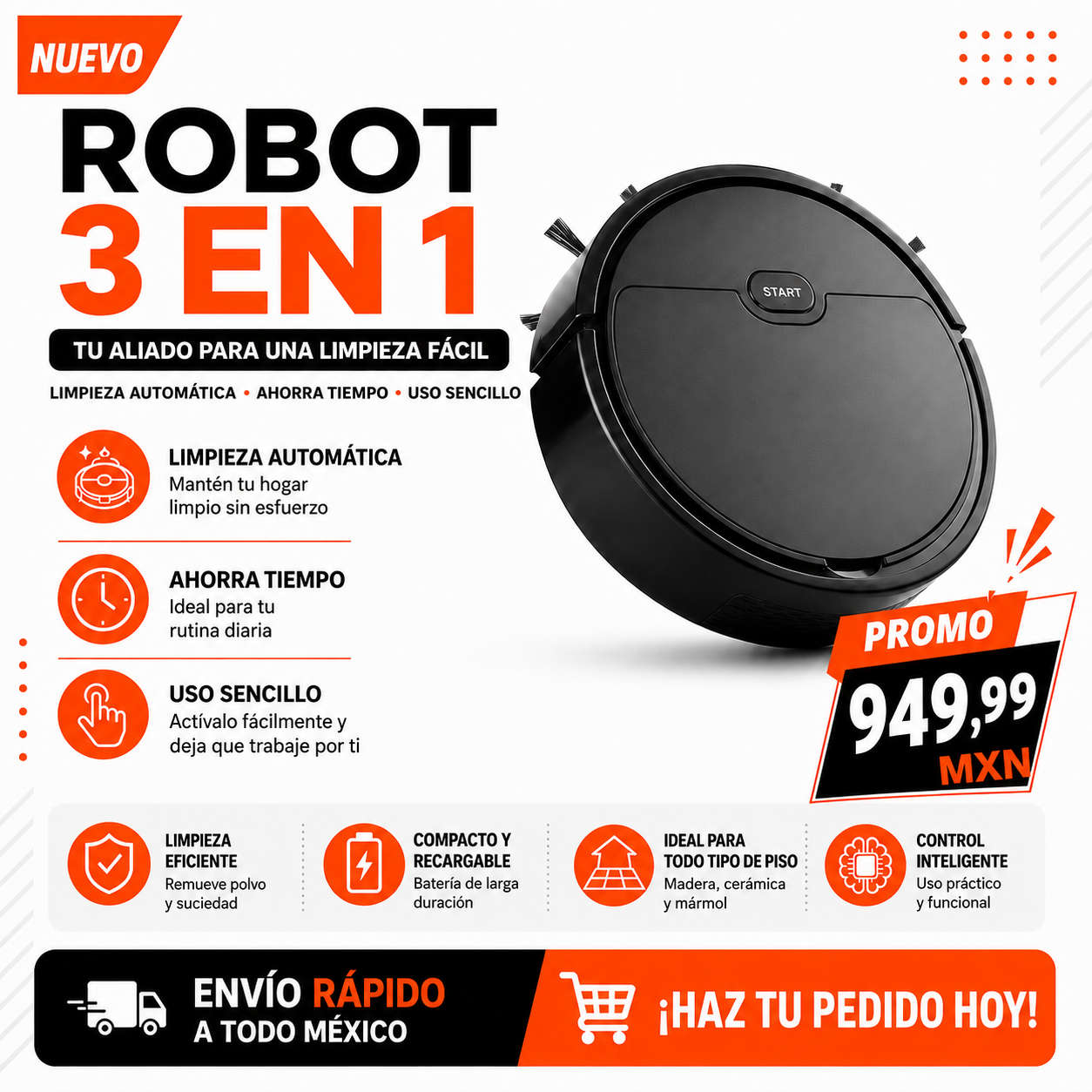 Robot Aspirador 3 en 1 Recargable para Limpieza Automática de Pisos