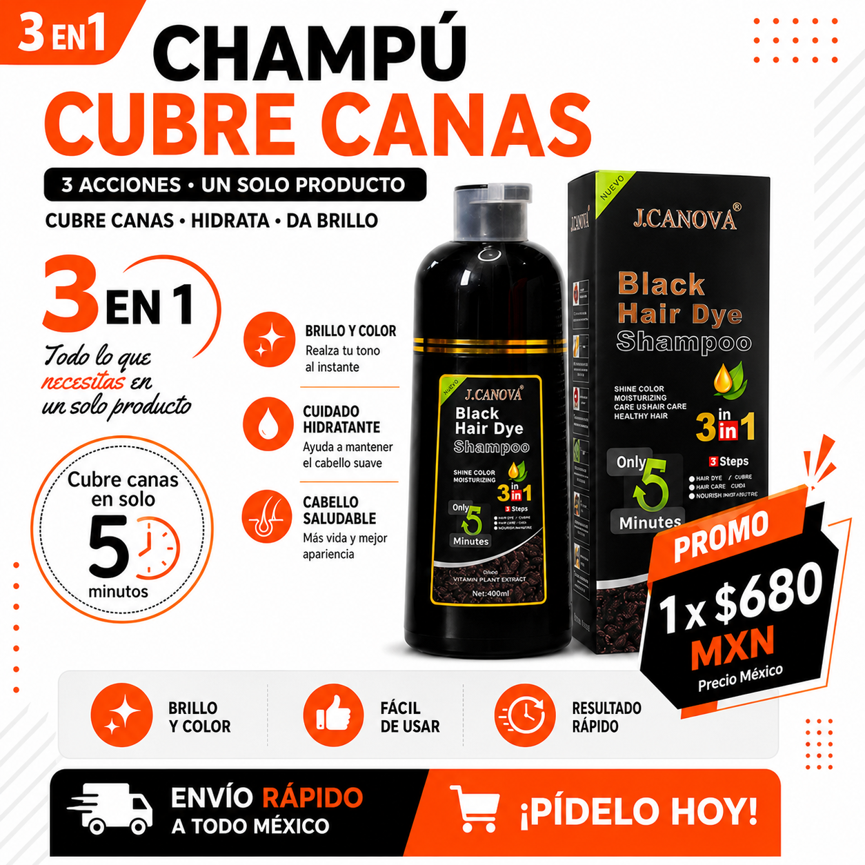 Shampoo Cubre Canas Black Hair 3 en 1 | Tinte Negro para Cabello con Brillo y Color Natural