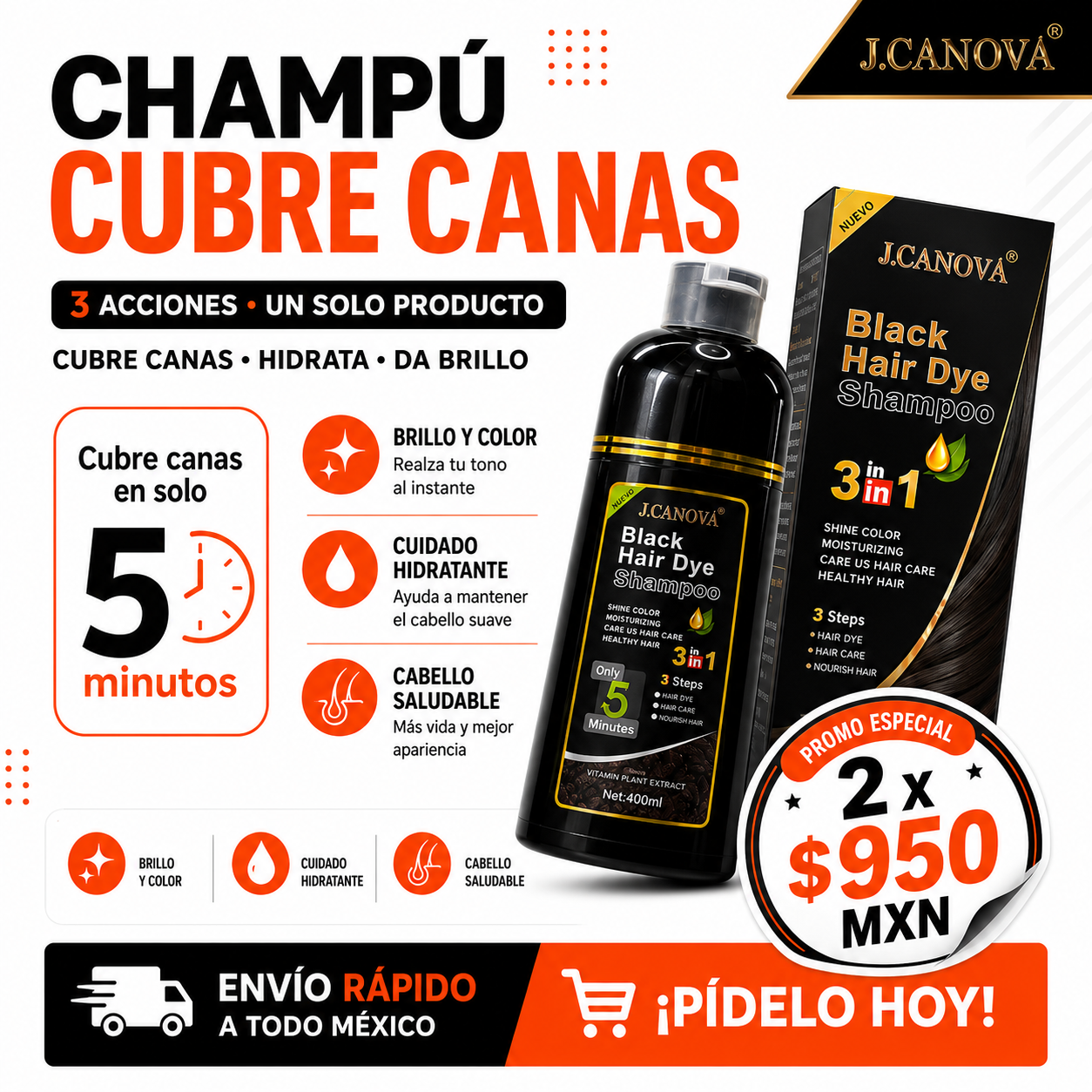 Shampoo Cubre Canas Black Hair 3 en 1 | Tinte Negro para Cabello con Brillo y Color Natural