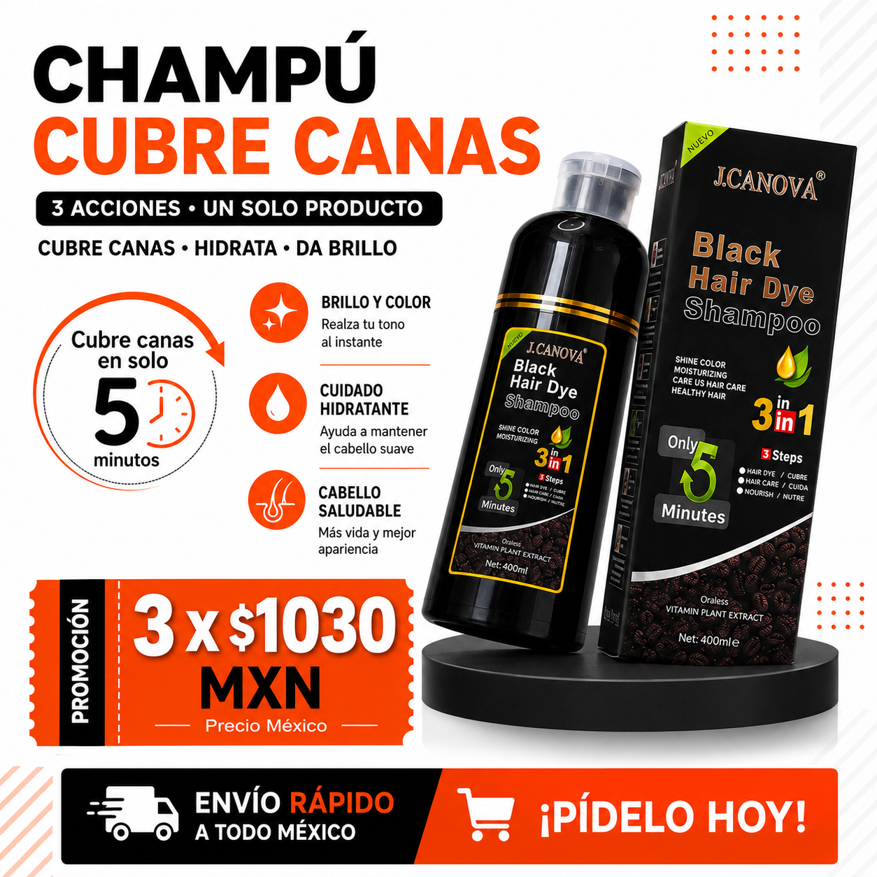 Shampoo Cubre Canas Black Hair 3 en 1 | Tinte Negro para Cabello con Brillo y Color Natural