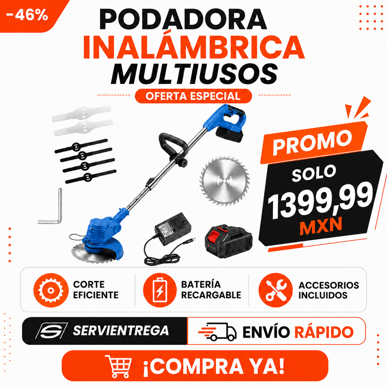 Cortadora de Césped Inalámbrica 48V con Baterías | Podadora y Desbrozadora Recargable