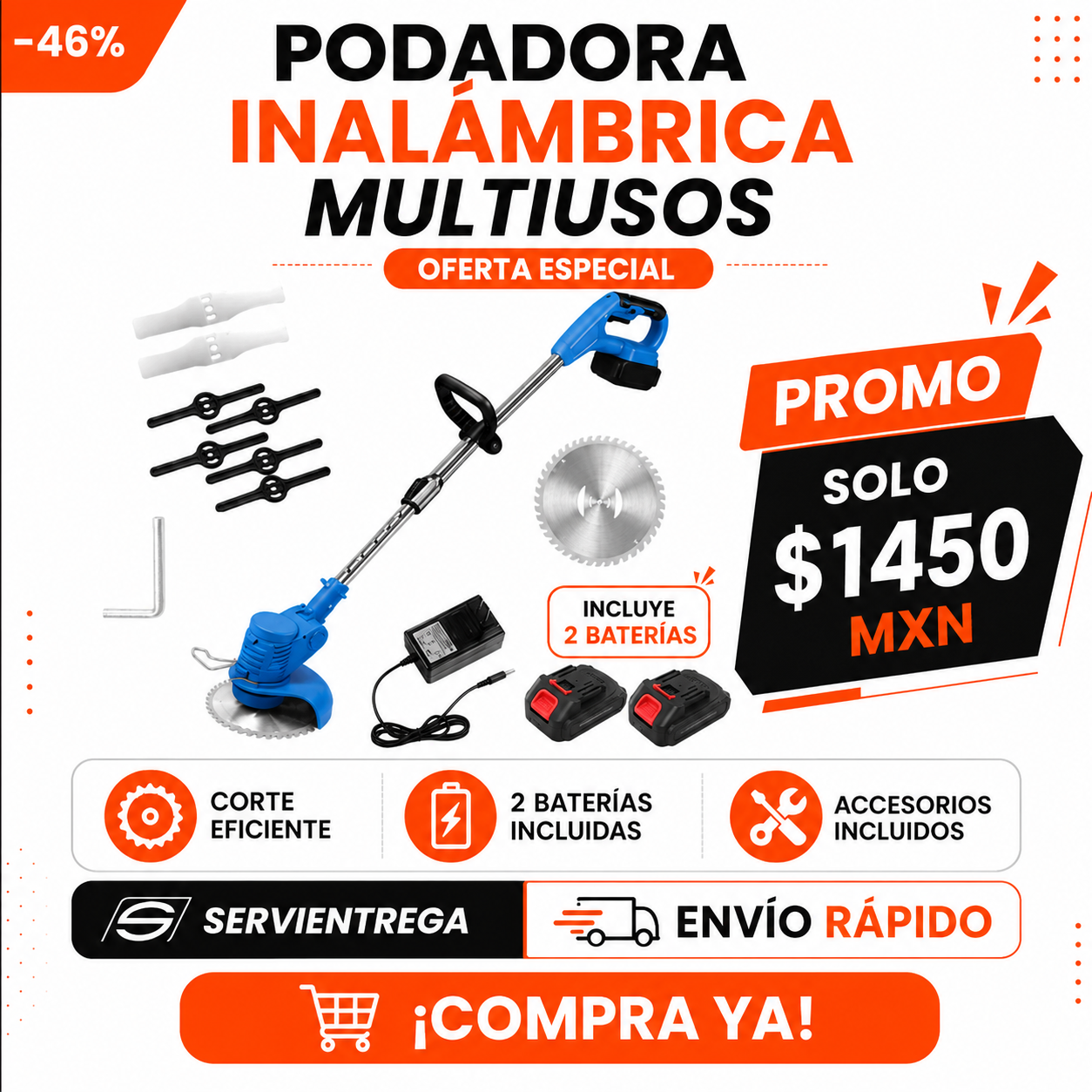 Cortadora de Césped Inalámbrica 48V con Baterías | Podadora y Desbrozadora Recargable