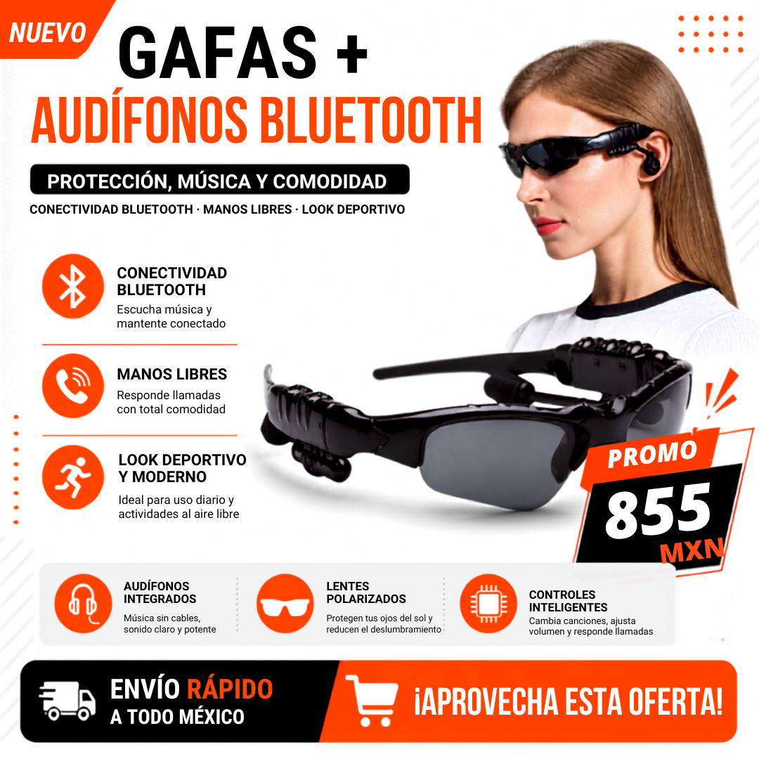 Gafas Deportivas Bluetooth con Audífonos Integrados, Micrófono Manos Libres y Lentes Polarizados