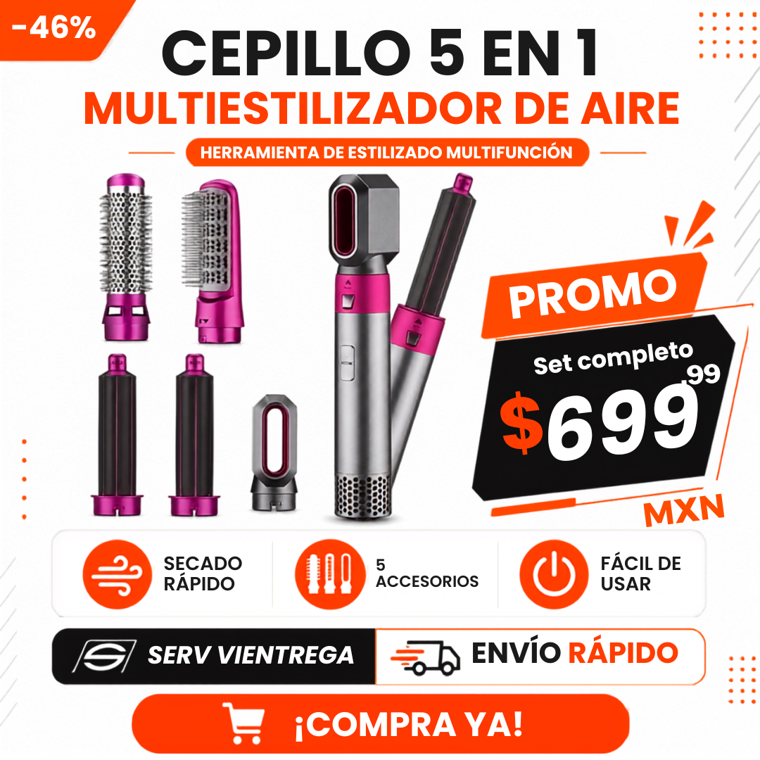 Cepillo Multiestilador 5 en 1 para Secar, Rizar, Alisar y Dar Volumen